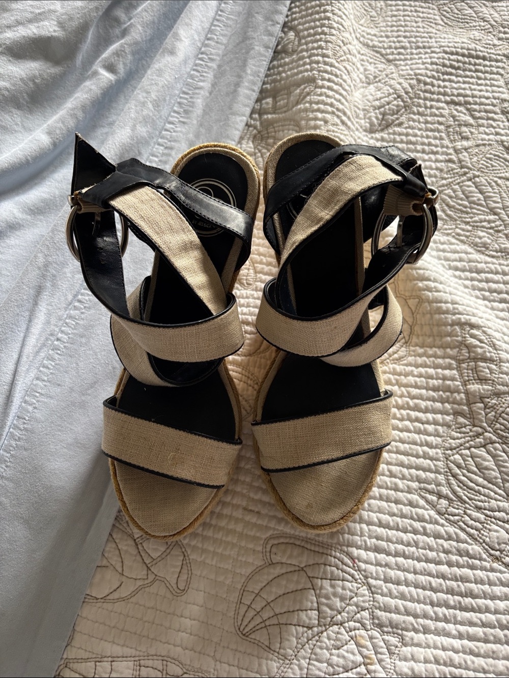 Jessica Simpson Beige and Black Canvas Strappy Wedge Sandals